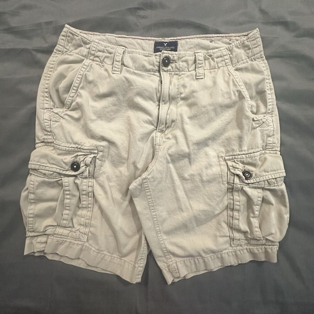American Eagle Cargo Shorts Men 34 Distressed Hiking Y2K Classic Khaki Beige